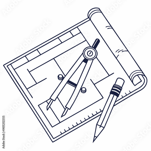 Detailed blueprint icon with rolled paper and drafting tools
