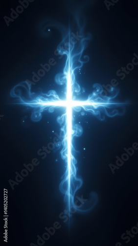 Christian symbol with blue glowing cross.