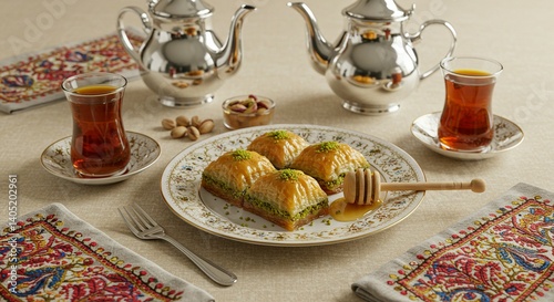 Sweet baklava pastry with honey and nuts. Captured on ornate Middle Eastern table.
