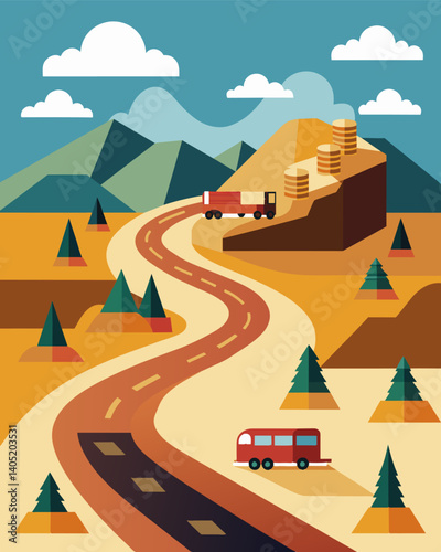 A scenic hiking trail transformed into a dusty service road for trucks and trains.. Vector illustration