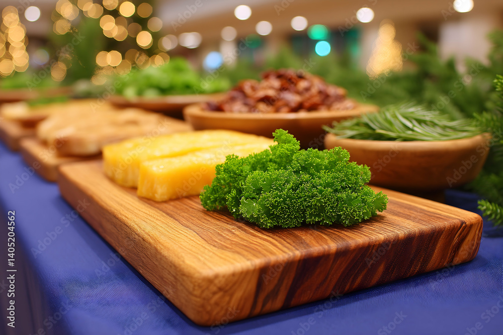 Festive food display on wooden board with herbs and nuts, blurred Christmas lights background. Generative AI Festive food display on wooden board with herbs and nuts, blurred Christmas lights background. Generative AI