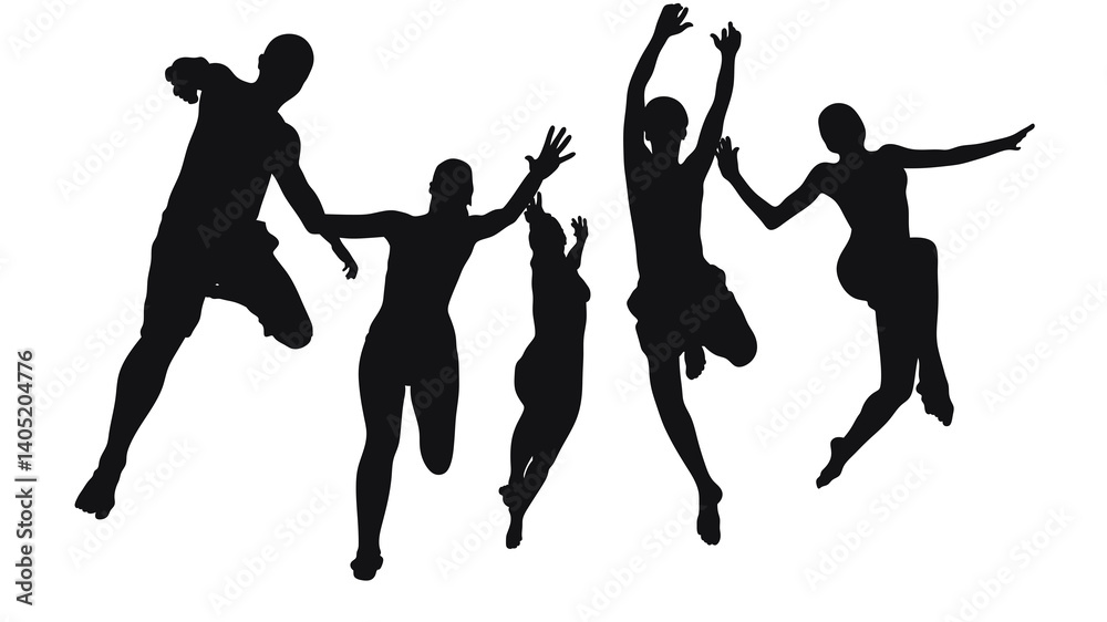 Fototapeta premium Silhouette of a group of young men jumping in various poses. The concept is good mood and spending time with friends. Children friends teenagers actively spending time together