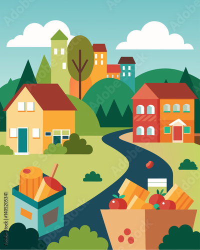 In a wealthy suburban neighborhood large grocery stores throw out expired food and packagings while in a nearby urban community food deserts leave residents with limited access to. Vector illustration