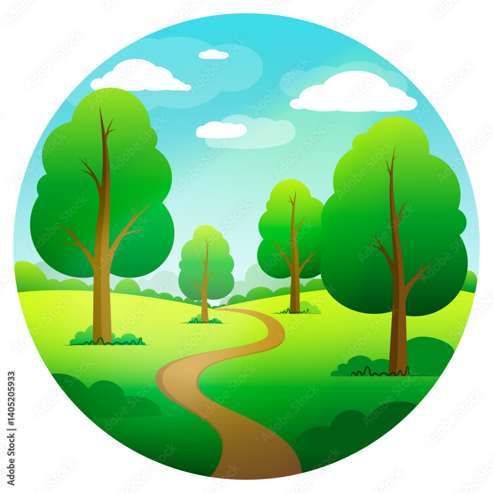Fototapeta premium Nature surrounded by trees leading along a path. Vector graphics. Round frame.
