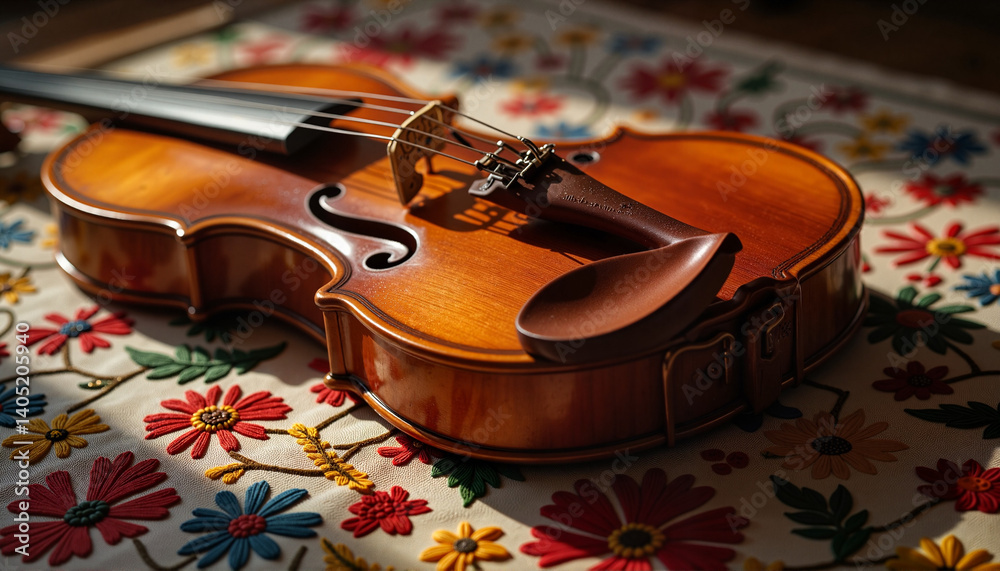 Fototapeta premium Elegant mariachi violin on embroidered textile, cultural craftsmanship
