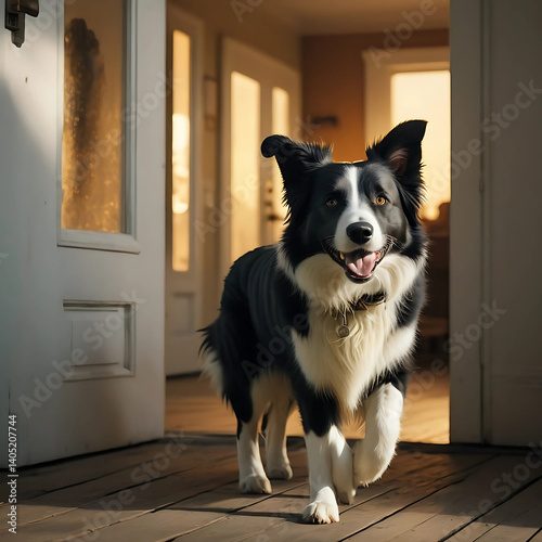 Border collie dog walking around the house with smile