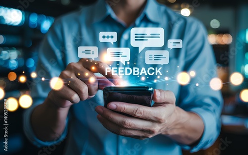 Feedback and Reputation Management Concept. Feedback icons represent online reviews, user comment ratings, feedback writing, satisfaction survey, reputation management in modern digital AI interfaces