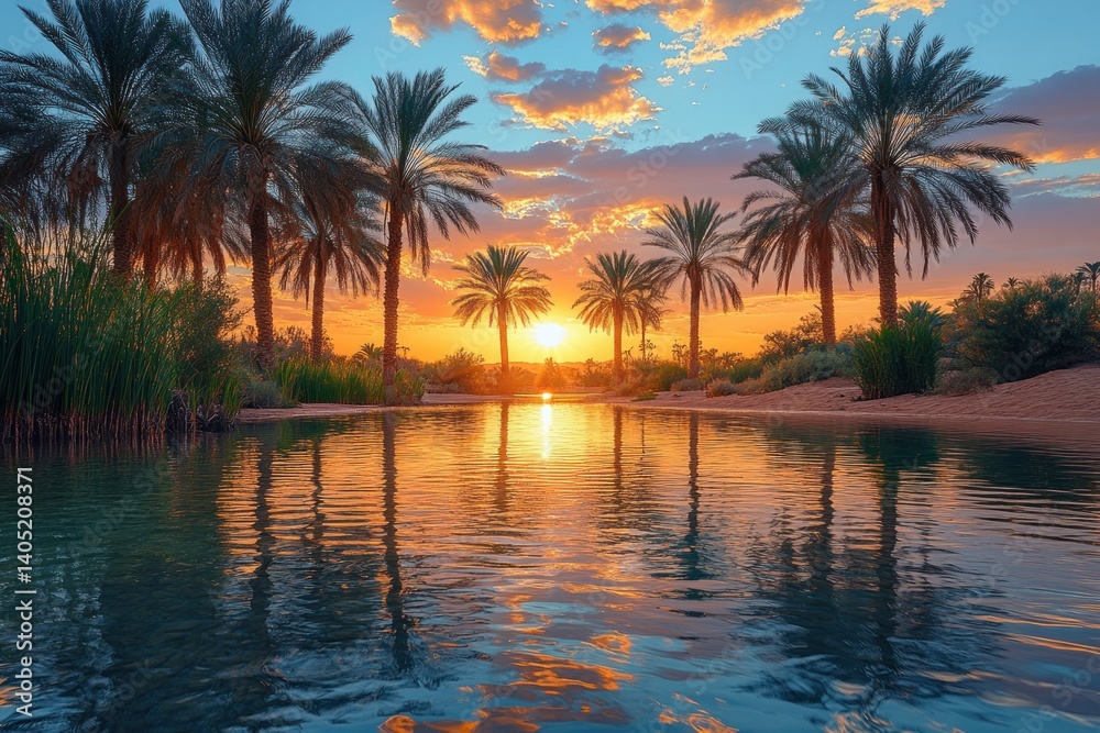 Obraz premium Serene sunset reflecting in tranquil oasis