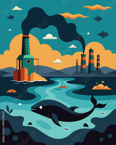 The factory waste spills into the sea creating a massive slick of oil and other pollutants that harm marine life and destroy delicate ecosystems.. Vector illustration