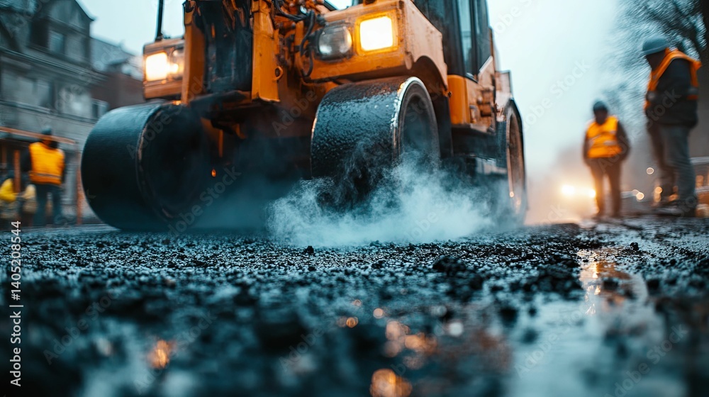 Road resurfacing in progress with a steamroller and workers. Road resurfacing in progress with a steamroller and workers.