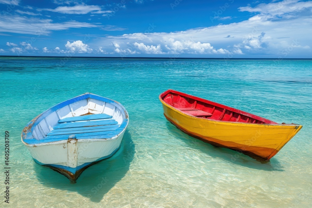 Naklejka premium Two Colorful Boats on Clear Blue Tropical Water. Peaceful Beach Scene with Calm Ocean and Scenic Coastal Landscape