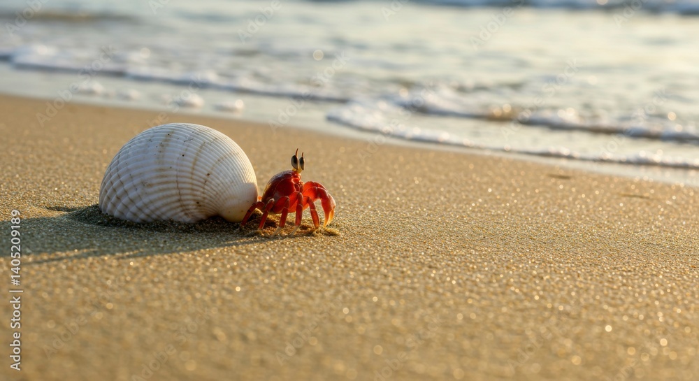 Obraz premium Tiny crab on sandy beach near seashell