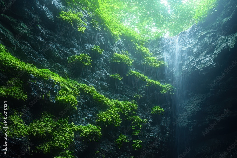 Obraz premium Lush, hidden cave waterfall