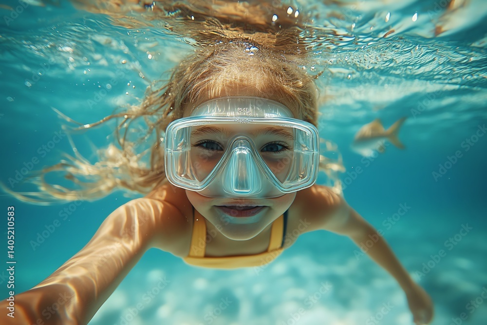 Naklejka premium A young girl enjoys snorkeling underwater, wearing a mask and swimming in clear blue water. Perfect for travel and summer adventures.