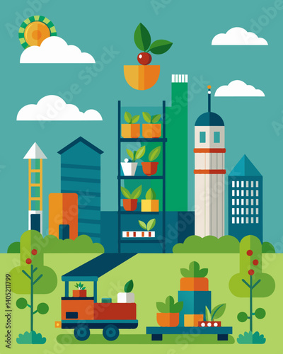 A vertical farming initiative utilizing abandoned warehouse spaces to grow fresh produce in urban areas reducing transportationrelated food waste.. Vector illustration