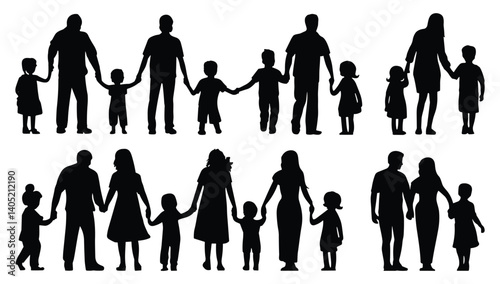 Set of family silhouettes depicting various interactions. vector illustration isolated on white background.
