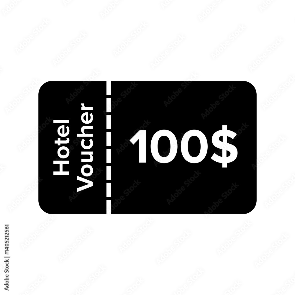 Obraz premium Simple design hotel voucher icon with 100 dollar sign. Hotel accommodation discount or voucher.