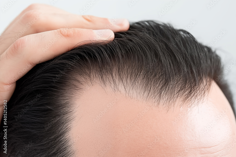 Close-up progression of male pattern hair loss and thinning scalp with hand on head Close-up progression of male pattern hair loss and thinning scalp with hand on head