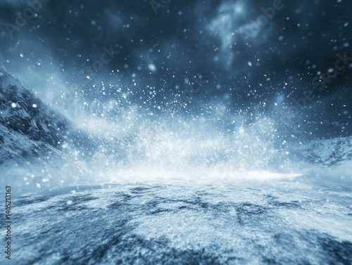 Enigmatic Frozen Landscape with Blizzard Snowfall and Majestic Mountains