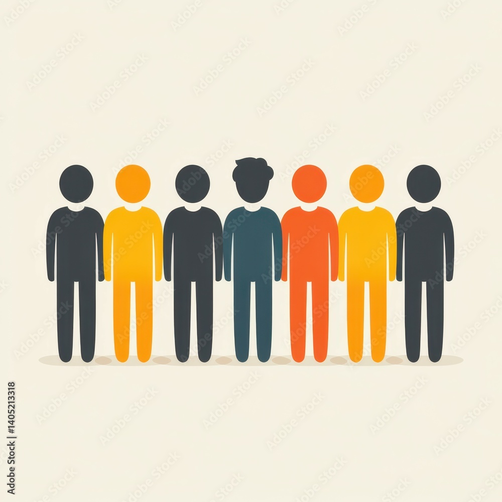 Diverse group of people standing in a line with varying colors representing different identities and backgrounds Diverse group of people standing in a line with varying colors representing different identities and backgrounds
