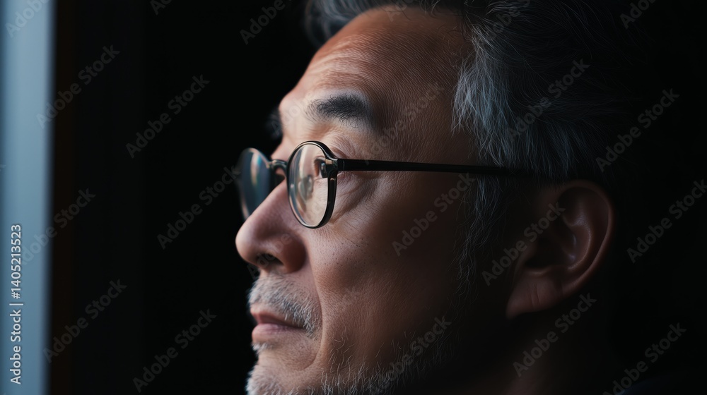 Obraz premium Thoughtful mature Asian man wearing glasses