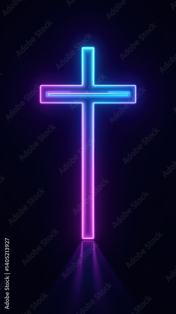 Neon cross with a spotlight effect against a gradient background, conveying a sense of light and guidance, symbolizing Christianity. Neon cross with a spotlight effect against a gradient background, conveying a sense of light and guidance, symbolizing Christianity.