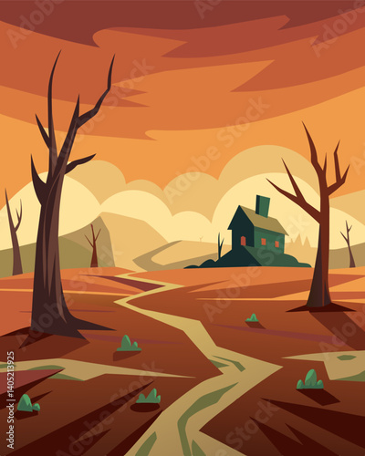 An eerie scene of deserted farmland the result of unsustainable agriculture that has pushed the land to its breaking point.. Vector illustration