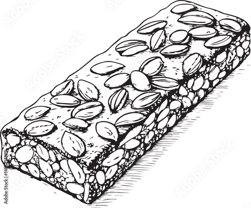 Granola Bar Protein Snack with Nut Black and White Vector Illustration, Sketch Drawing Line Linear Symbol Icon Engraving, Hand-drawn Isolated