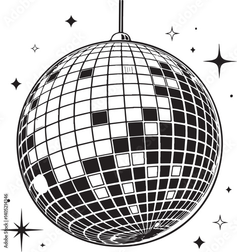 Disco Ball Party Celebration in Club Black and White Vector Illustration, Sketch Drawing Line Linear Symbol Icon Engraving, Hand-drawn Isolated