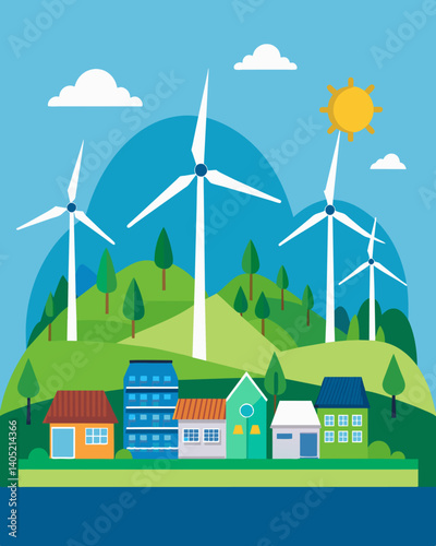 A wind turbine farm that generates clean and renewable energy for local communities.. Vector illustration