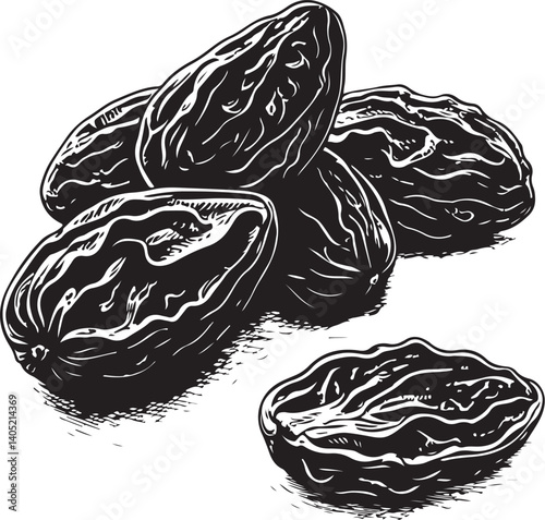 Raisins Black and White Vector Illustration, Sketch Drawing Line Linear Symbol Icon Engraving, Hand-drawn Isolated
