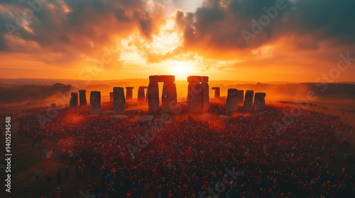 Summer Soltice Festival, Summer Solstice Gathering at Stonehenge at Sunrise, Ai generated images.