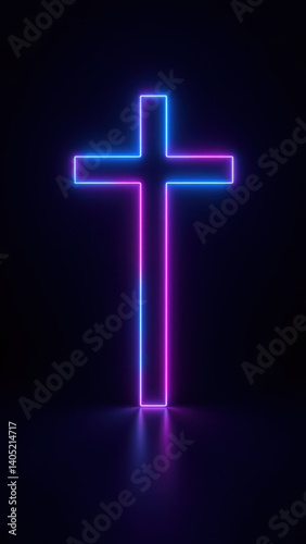 Neon Christian Cross with purple hue on dark grey background