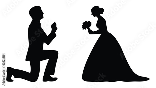 Romantic silhouette of man kneeling in proposal to woman. vector illustration.