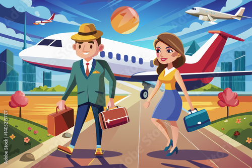 vector of This man is going to the plane with his wife