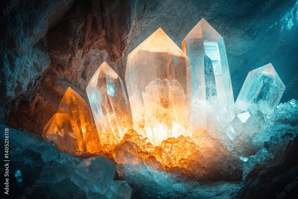 Illuminated crystals cluster in a subterranean cave.