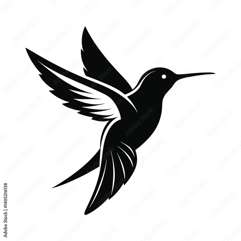 Obraz premium A vector illustration shows a flying hummingbird silhouette near a flower, a wild bird in nature with detailed wings