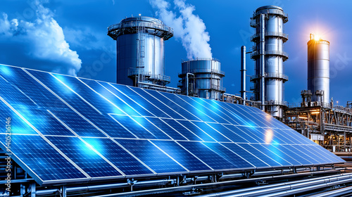 Renewable solar energy panels contrasting with a traditional industrial power plant background.