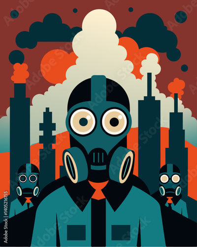 The startling sight of gas masks being worn by residents to protect themselves from the factory emissions a clear sign of the danger posed by overproduction.. Vector illustration