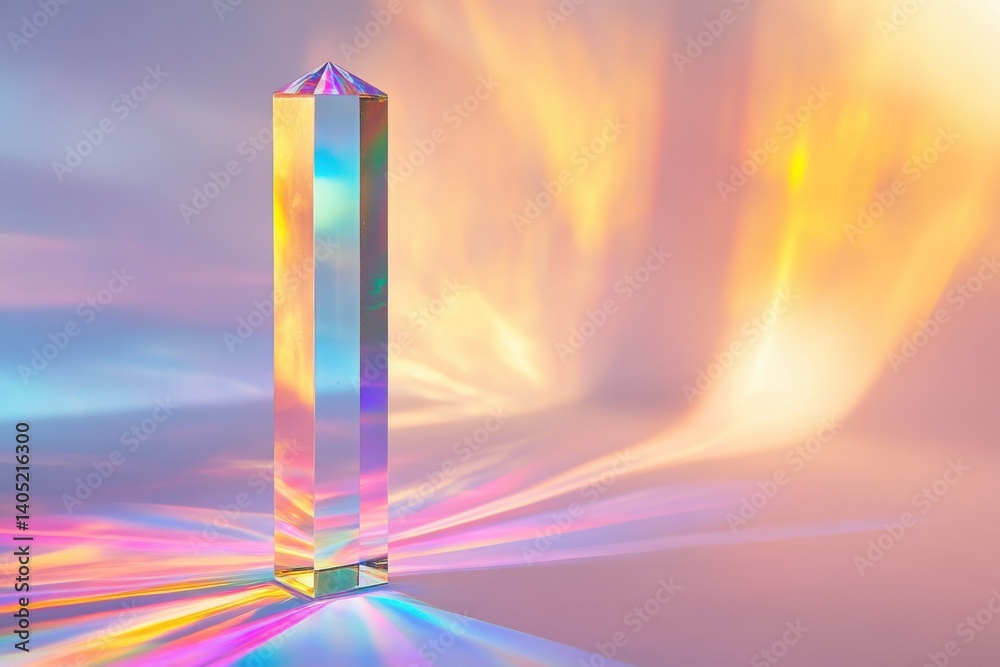 Prismatic crystal obelisk bathed in pastel light.