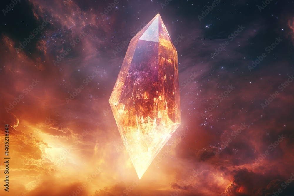 Fiery crystalline gem in a cosmic nebula.