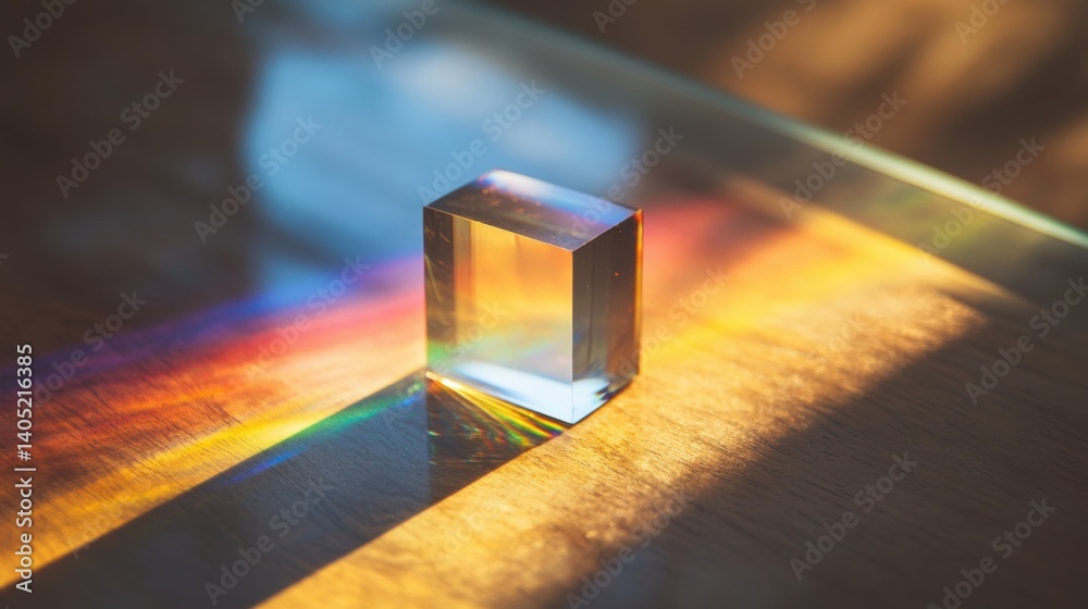Prismatic crystal cube on a wooden surface, showcasing light refraction.
