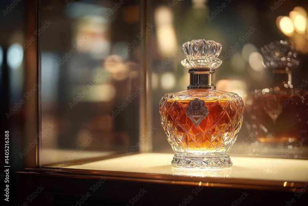 Ornate crystal decanter of aged amber liquid showcased in a display case.