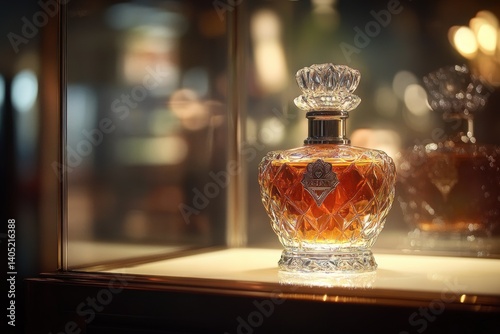 Ornate crystal decanter of aged amber liquid showcased in a display case.
