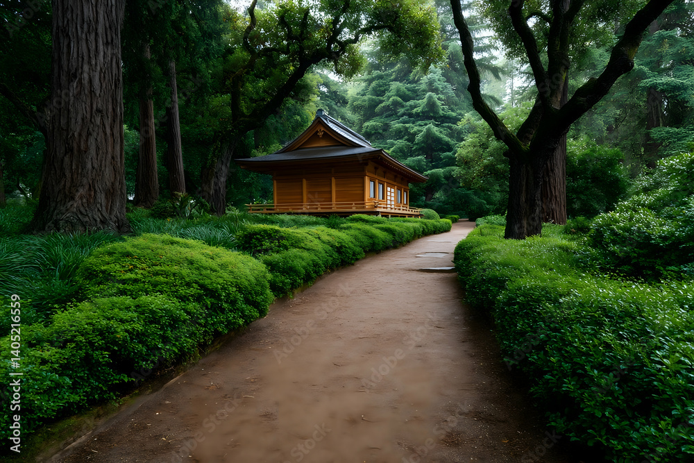 Serene pathway leads to a wooden structure nestled in a lush, misty forest garden. Generative AI Serene pathway leads to a wooden structure nestled in a lush, misty forest garden. Generative AI