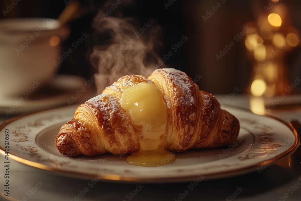 A golden croissant, glistening with custard, steaming hot.