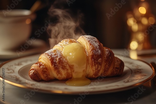 Obraz na płótnie A golden croissant, glistening with custard, steaming hot. w salonie