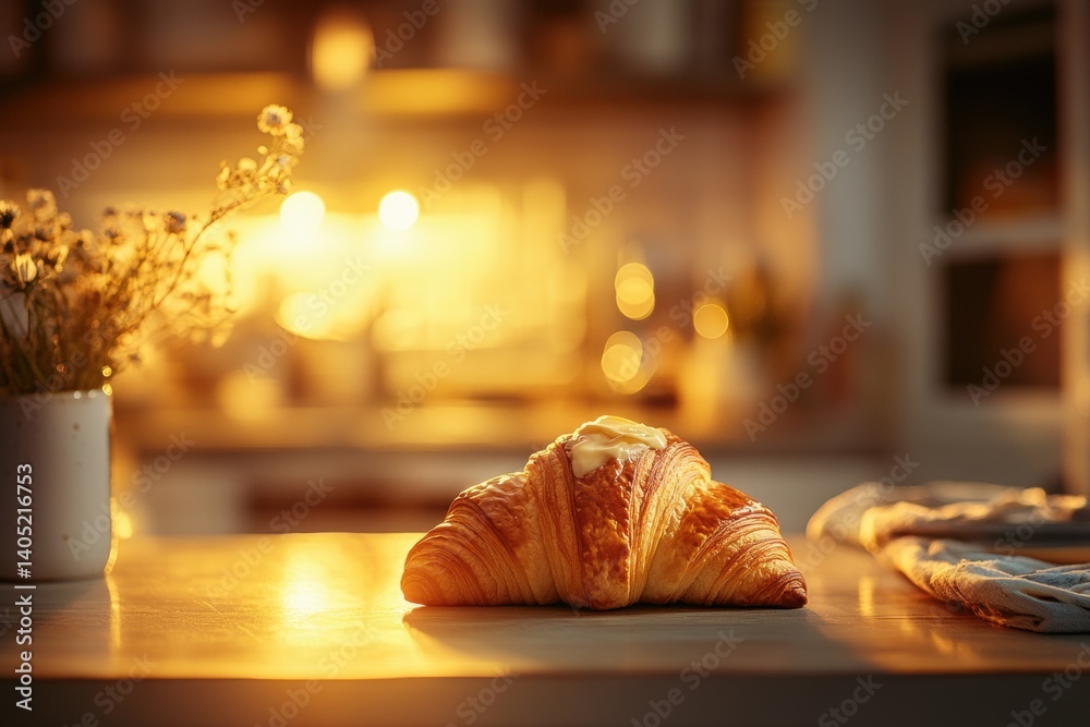 Golden croissant resting on a kitchen counter at dusk.