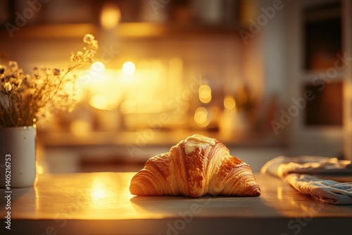 Obraz na płótnie Golden croissant resting on a kitchen counter at dusk. w salonie