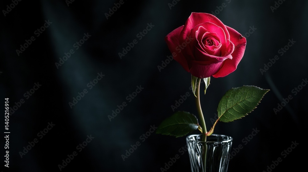 Deep crimson rose in a clear glass vase.